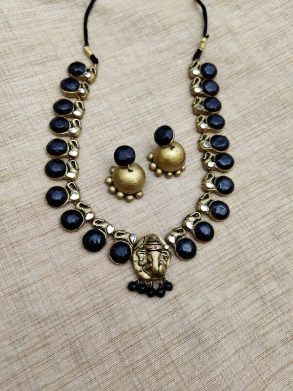 Ganesha -Short Necklace with Medium Size Jhumka ( Golden with Black)