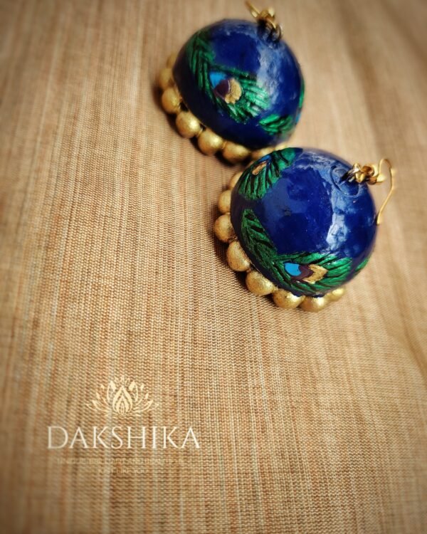MYDHILI-Terracotta- Big Size Jhumka ( Golden with  Green & Blue)