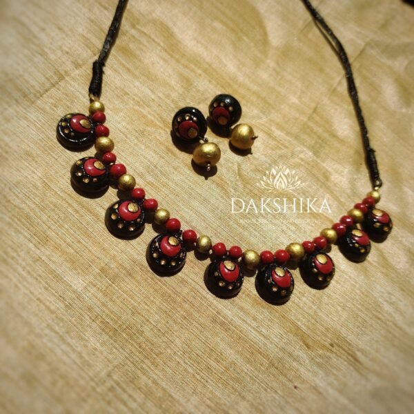 Terracotta -Short Necklace with Medium Size Earrings ( Golden with Black & Red )