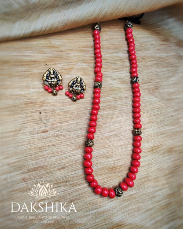 MANJULA-Terracotta -Long Necklace with Medium Size Earrings ( Golden with Pink )