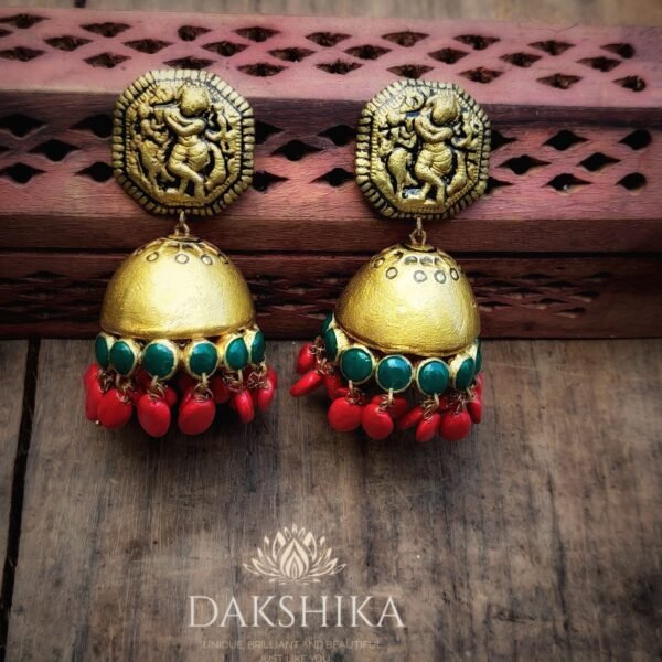 KRISHNA-Terracotta- Big Size Jhumka ( Golden with  Red & Green)