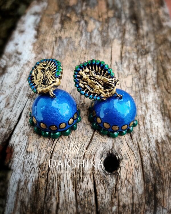 Terracotta- Medium Size Jhumka ( Golden with Peacock Green & Blue)