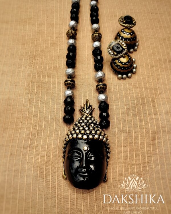 BHUDDHA-Terracotta -Long Necklace with Medium Size Jhumka( Golden with Black )