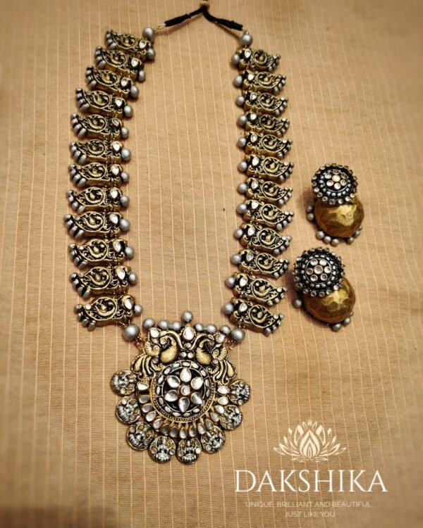 Terracotta -Long Necklace with Medium Size Jhumka( Golden with Pearl White)