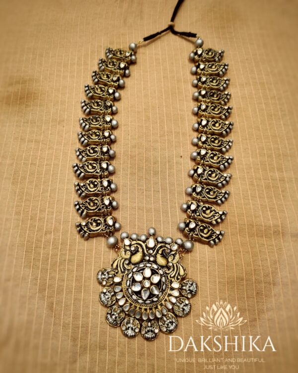 Terracotta -Long Necklace with Medium Size Jhumka( Golden with Pearl White) - Image 2