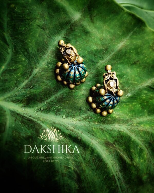 SREEJA-Terracotta- Small Size Jhumka ( Golden with  Peacock Green & Blue)