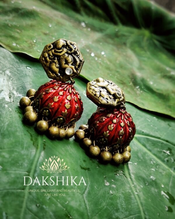 KRISHNA-Terracotta- Big Size Jhumka ( Golden with  Red) - Image 2