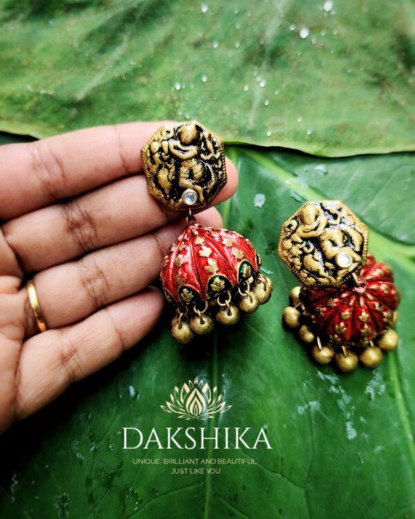 KRISHNA-Terracotta- Big Size Jhumka ( Golden with  Red)