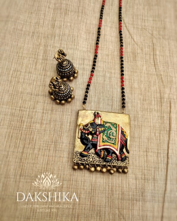 Terracotta -Long Necklace with Medium Size Jhumka( Golden with Multi color)