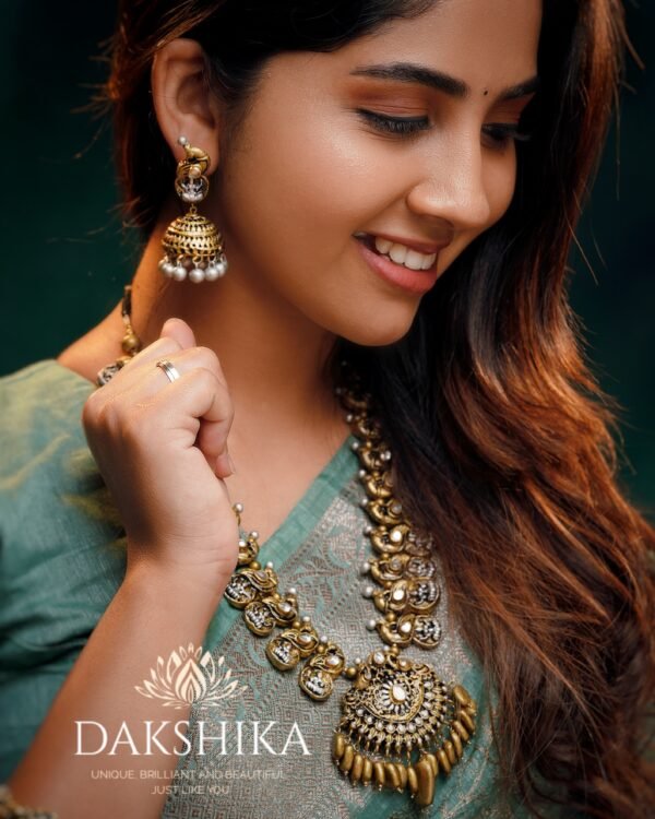 Terracotta- Necklace With Jhumka & Bangles (Golden With Pearl White ) - Image 3