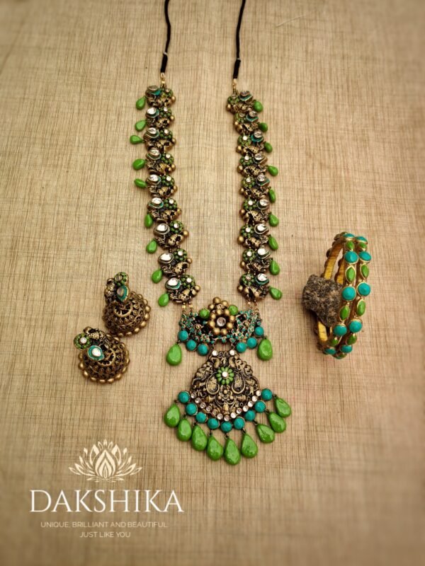 Terracotta- Necklace With Jhumka & Bangles (Golden With Teal Blue & Green )