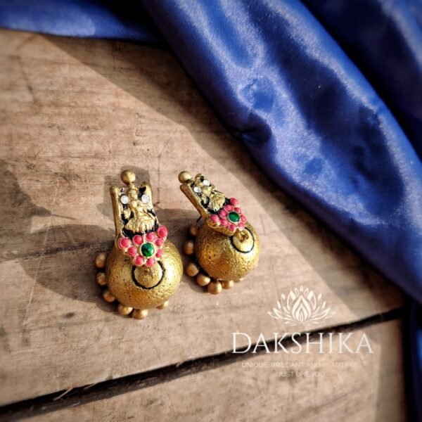 SAKSHI-Terracotta- Small Size Jhumka ( Golden with  Red & Green)