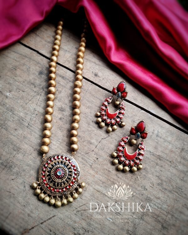 Terracotta -Long Necklace with Big Size Earrings ( Golden with Black & Red )