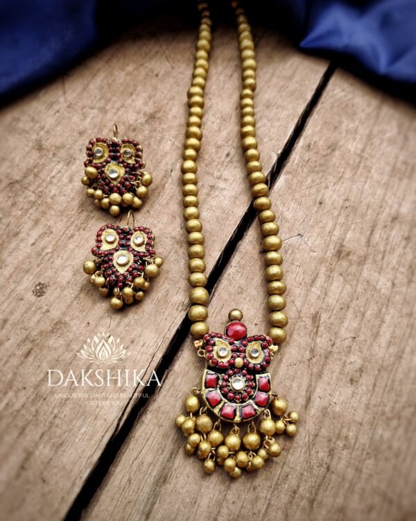 Terracotta -Long Necklace with Big Size Earrings ( Golden with Maroon )