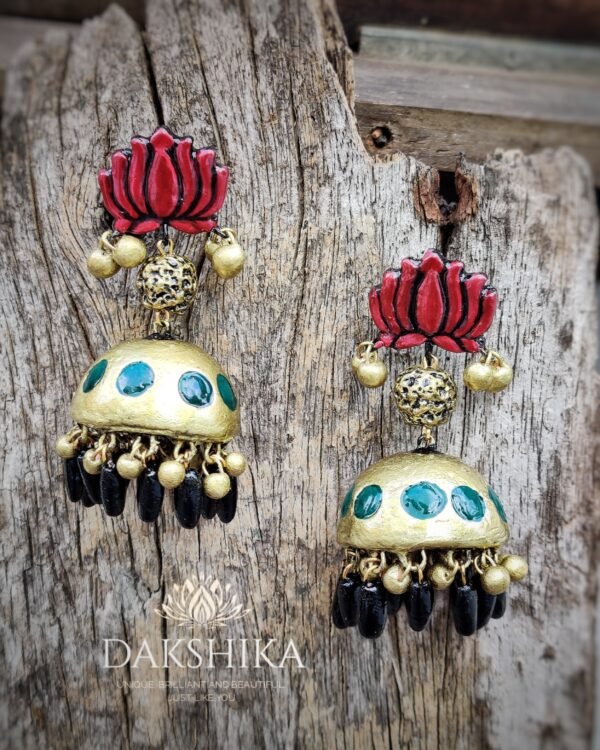 Terracotta- Medium Size Jhumka ( Golden with  Red & Green)