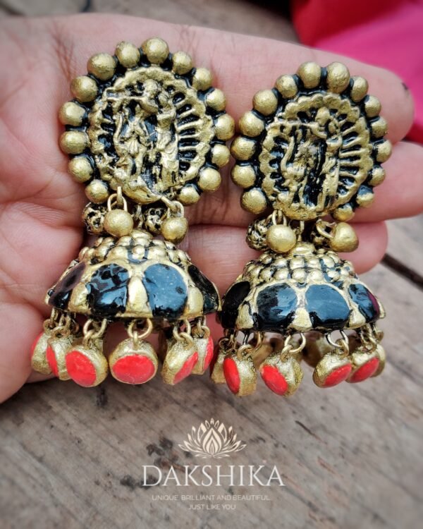 KRISHNA-Terracotta- Big Size Jhumka ( Golden with Black & Red )