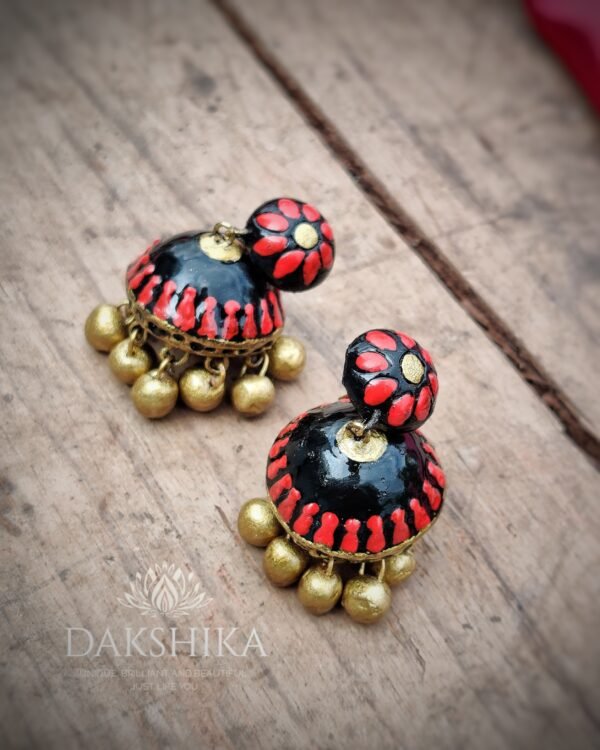 Terracotta- Medium Size Jhumka ( Golden with  Red & Black)