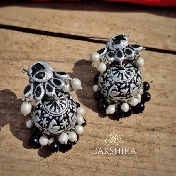 AVNI-Terracotta- Big Size Jhumka ( Silver with  Black)