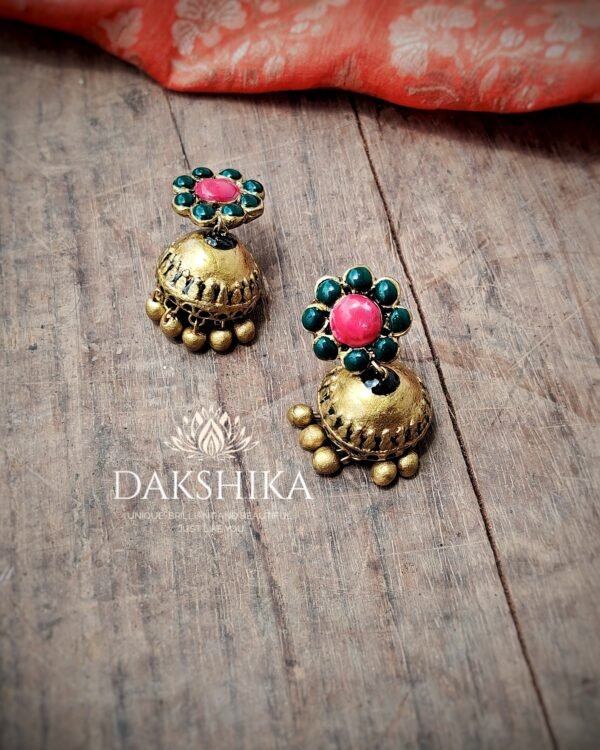 Terracotta- Medium Size Jhumka ( Golden with  Red & Green )