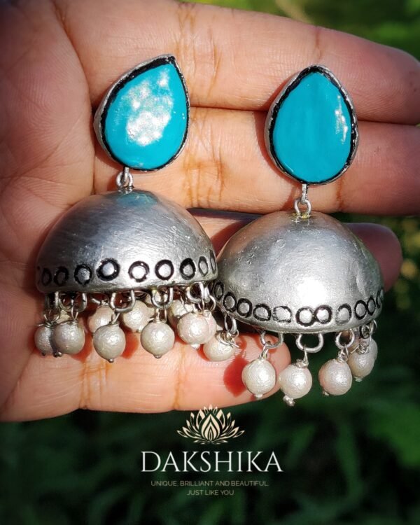 Terracotta- Big Size Jhumka ( Golden with  Teal Blue)