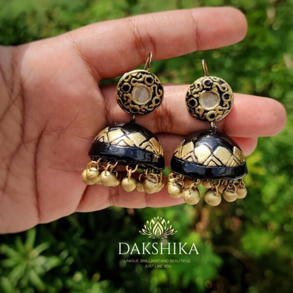 GOURI-Terracotta- Big Size Jhumka ( Golden with  Black )