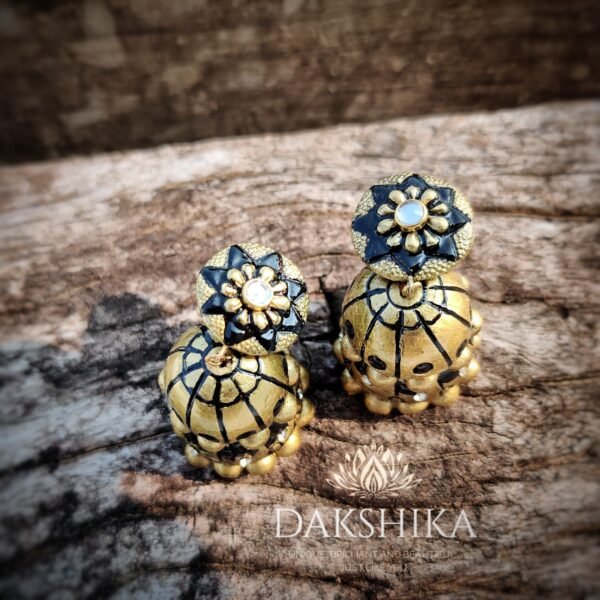 Terracotta- Big Size Jhumka ( Golden with  Black ) - Image 2