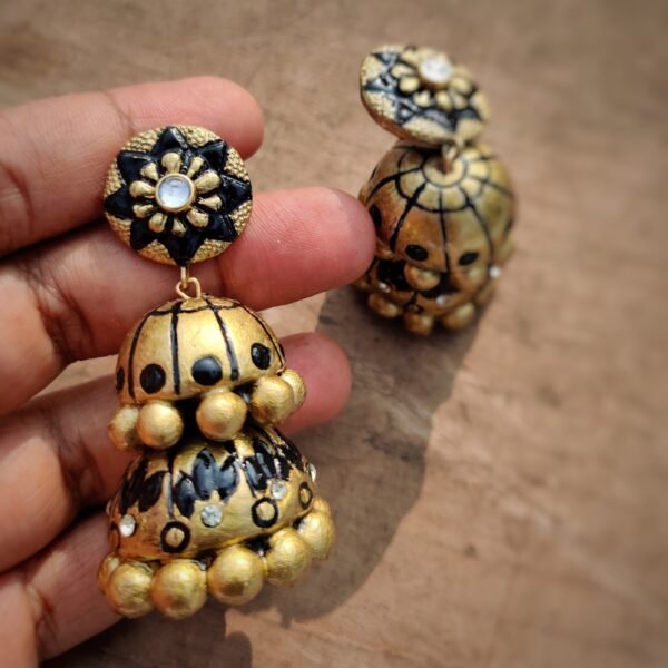 Terracotta- Big Size Jhumka ( Golden with  Black )