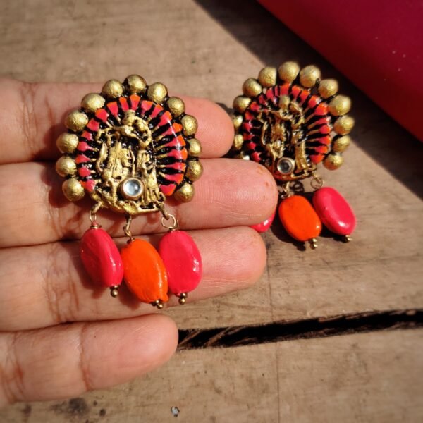 TERRACOTTA - Big Size Stud ( Golden With  Red & Orange) - Image 2