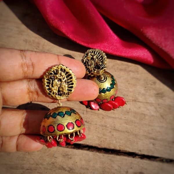 RADHAMADHAVAM-Terracotta- Big Size Jhumka ( Golden with  Red & Green)