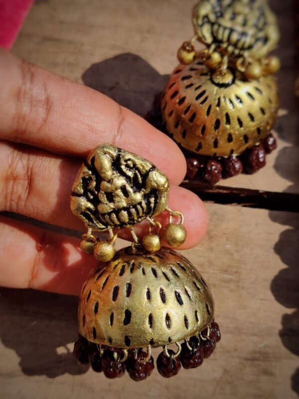 DEVI-Terracotta- Big Size Jhumka ( Golden with  Brown ) - Image 2
