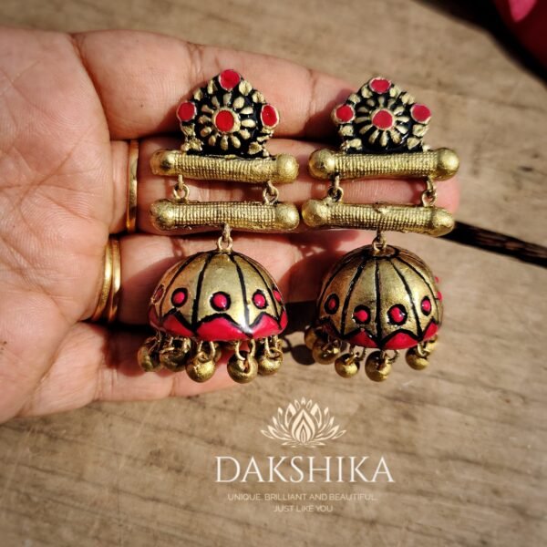 HRDYA-Terracotta- Big Size Jhumka ( Golden with  Red )
