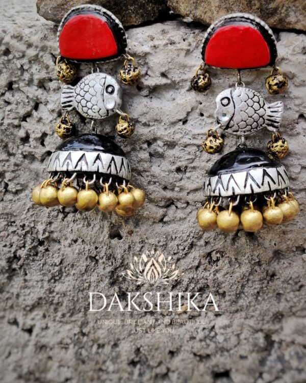 Terracotta- Big Size Jhumka ( Silver with Black &  Red)