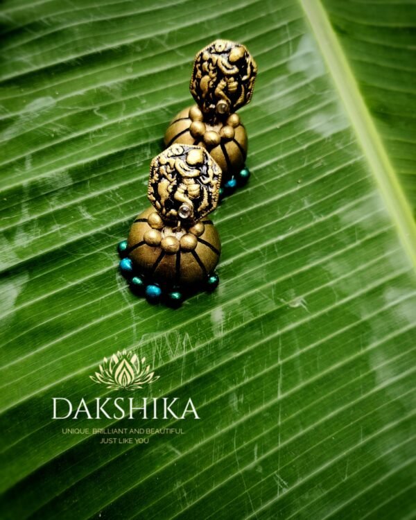 KRISHNA-Terracotta- Big Size Jhumka ( Golden with  Green )