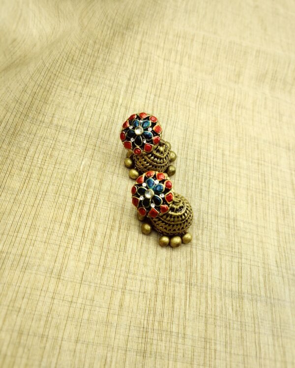 MALAR-Terracotta- Big Size Jhumka ( Golden with  Red & Green )