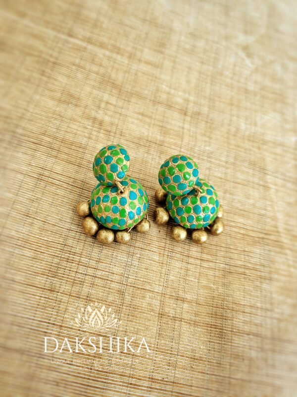 Terracotta- Medium Size Jhumka ( Golden with Green & Teal Blue)