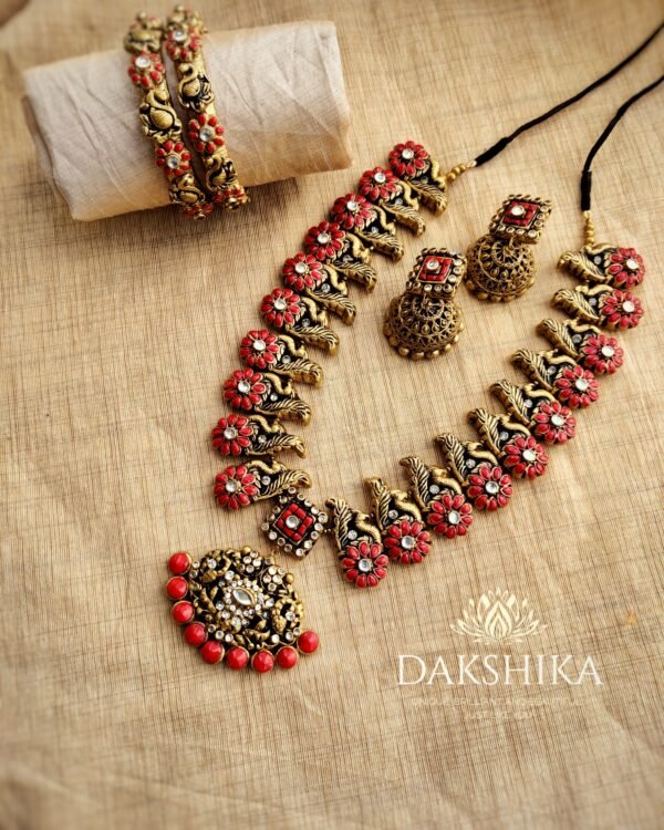 Terracotta- Necklace With Jhumka & Bangles (Golden With Red )