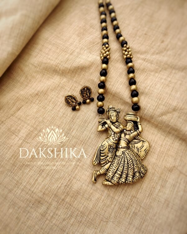 Terracotta -Long Necklace with Small Size Earrings( Golden with Black )
