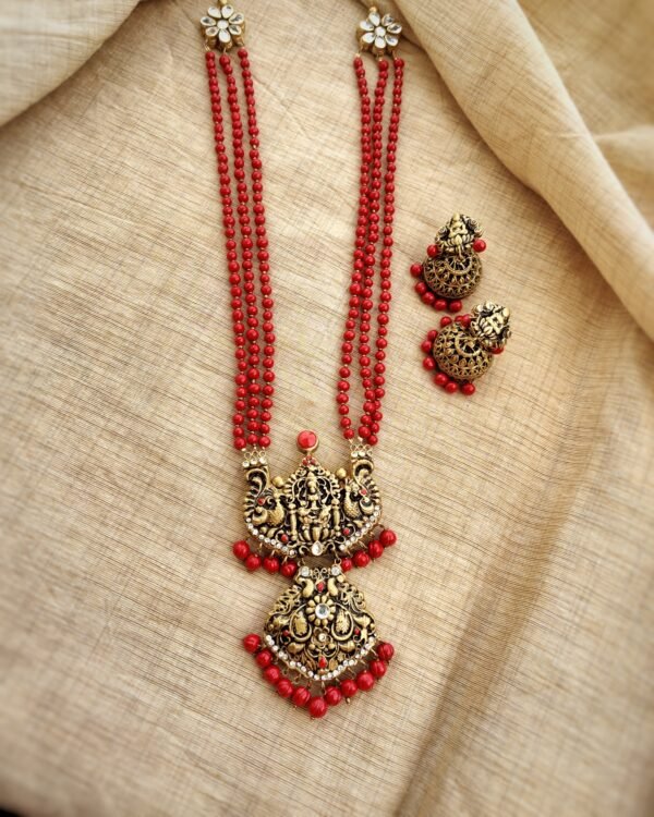 Terracotta -Long Necklace with Medium Size Jhumka( Golden with Red )