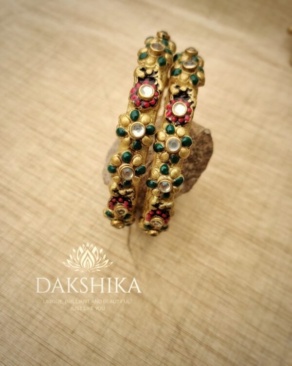Terracotta- Clay   Bangles (Golden With Red & Green )