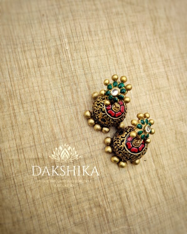 Terracotta- Medium Size Jhumka ( Golden with  Red & Green )