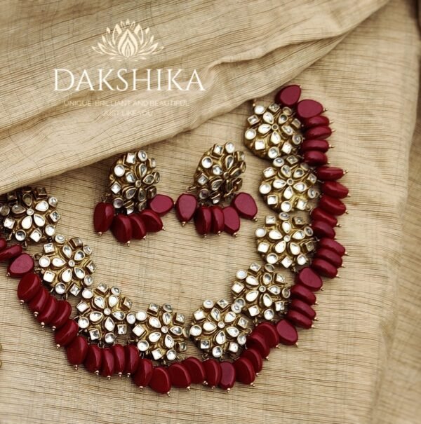 Terracotta-Short Necklace with Big Size Earrings ( Golden with  Maroon )
