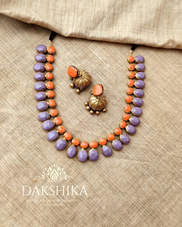 Terracotta -Short Necklace with Medium Size Jhumka ( Golden with Orange & Lavender)