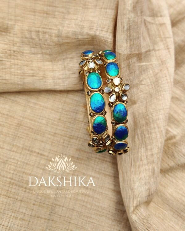 Terracotta- Clay   Bangles (Golden With Peacock Blue)