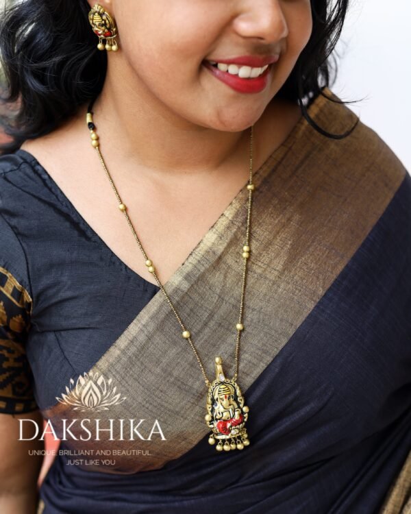 Terracotta -Long Necklace with Medium Size Earrings ( Golden with Red )