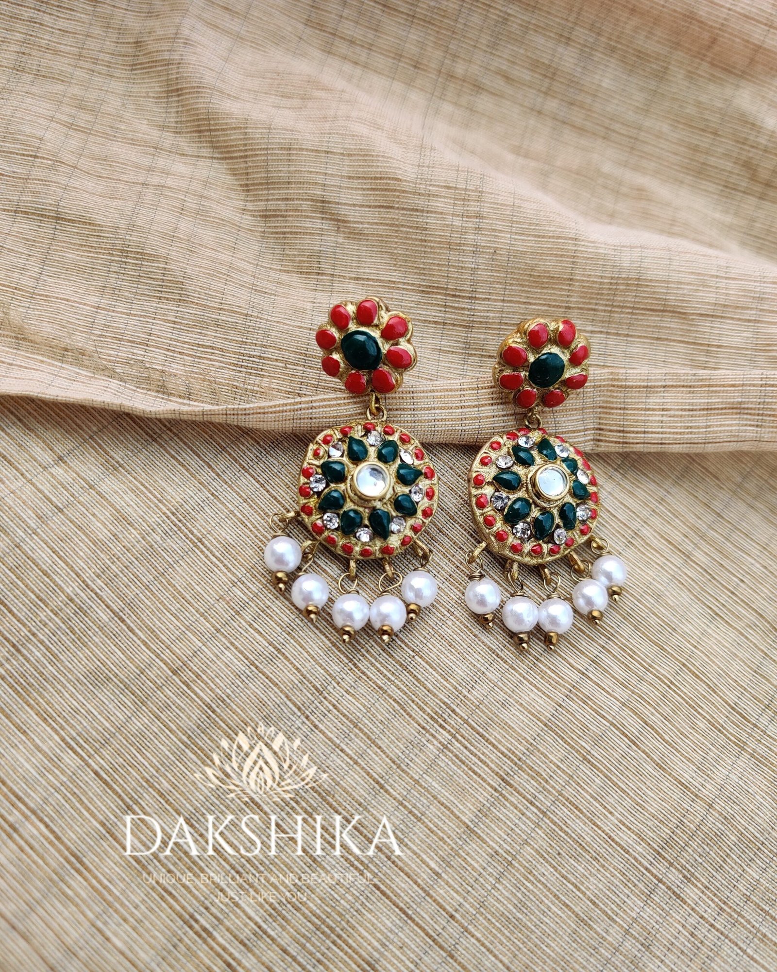TERRACOTTA - Medium Size Earrings ( Golden With Red & Green)
