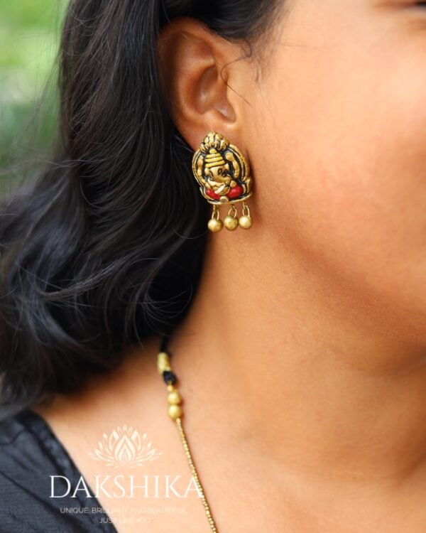 Terracotta -Long Necklace with Medium Size Earrings ( Golden with Red ) - Image 2
