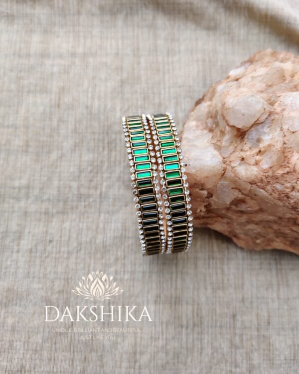 Terracotta- Silk Bangles With Stone ( Transparent with Green )