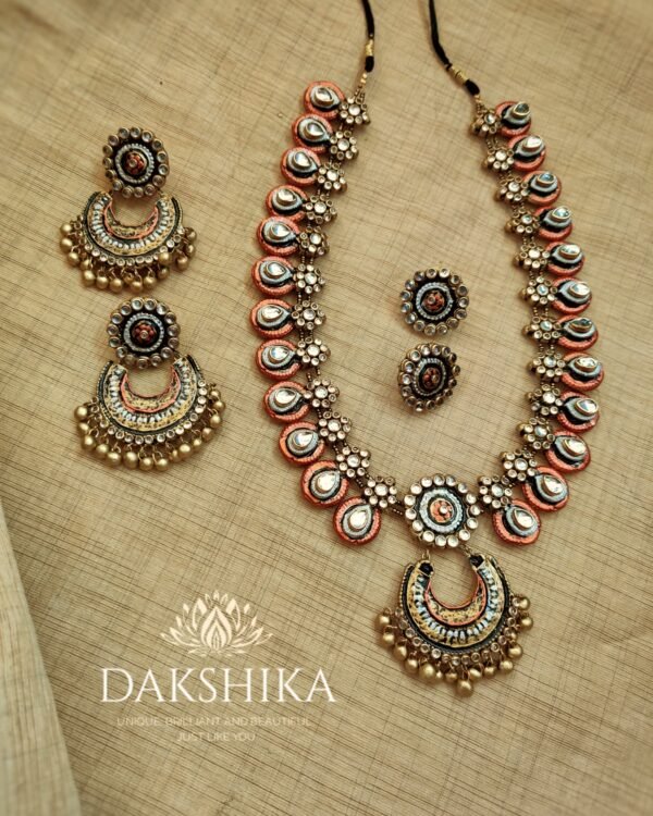 Terracotta -Long Necklace with Big Size Earrings( Golden with Pearl White & Orange)