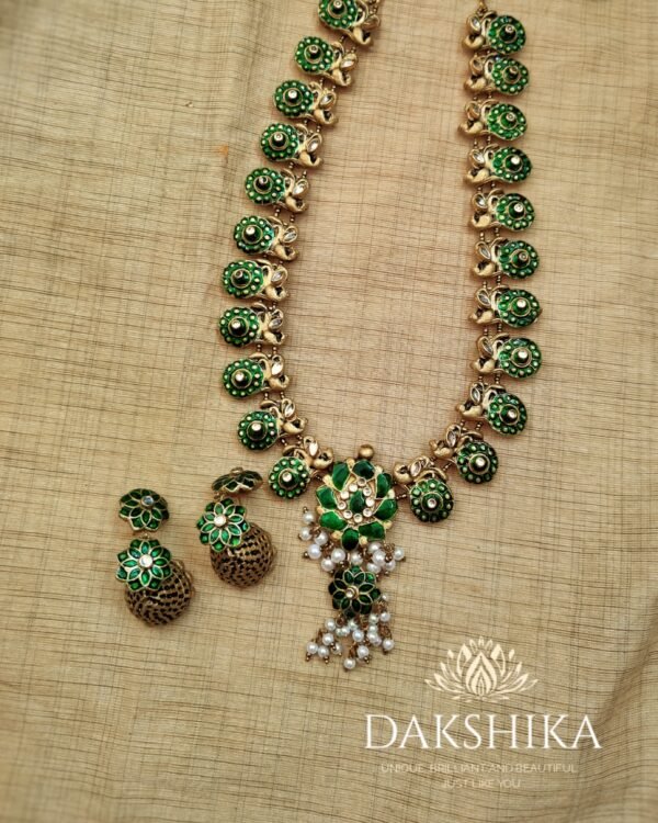 Terracotta -Long Necklace with Medium Size Jhumka( Golden with Green )