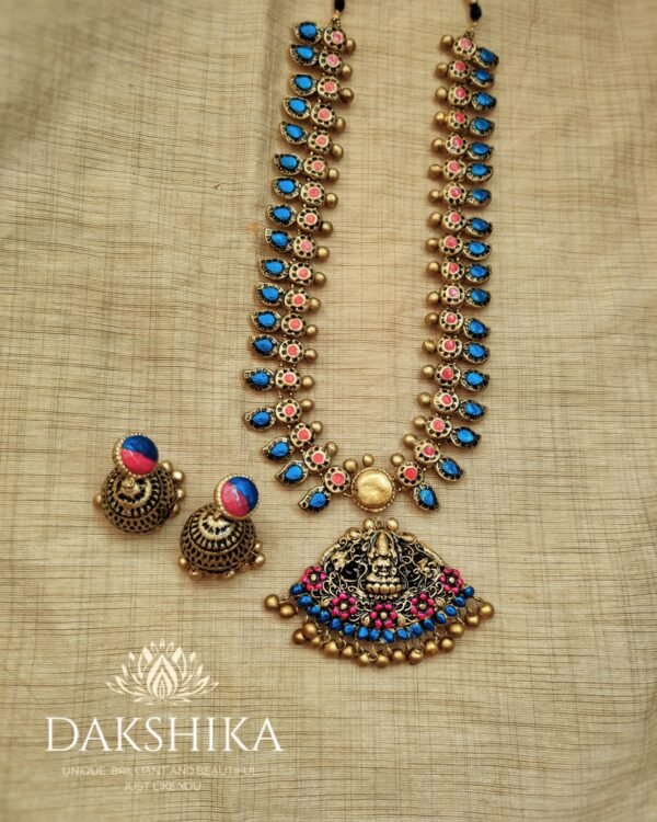 Terracotta -Long Necklace with Medium Size Jhumka( Golden with Pink & Blue )